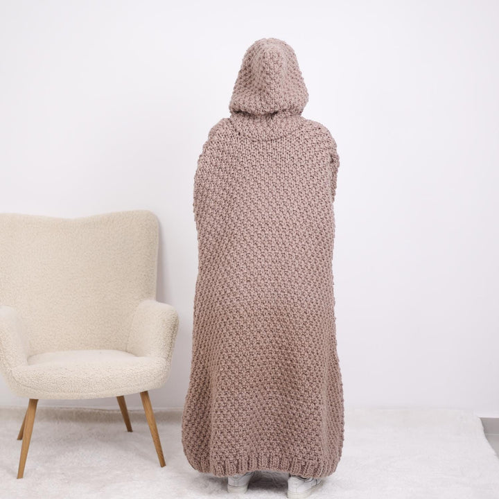 Striped Wool Poncho – Hand Knitted 3-Strand Fringed Cape with Long Turtleneck T1896