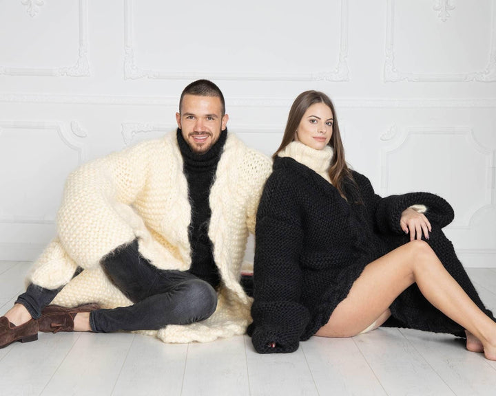 Black Wool Cardigan – Hand Knitted Long Oversized Chunky Coat T637W