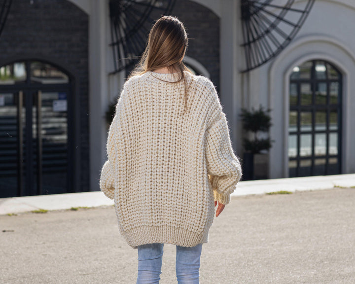 Cream Wool Cardigan – Hand Knitted 100% Wool English Rib Coat T1022M