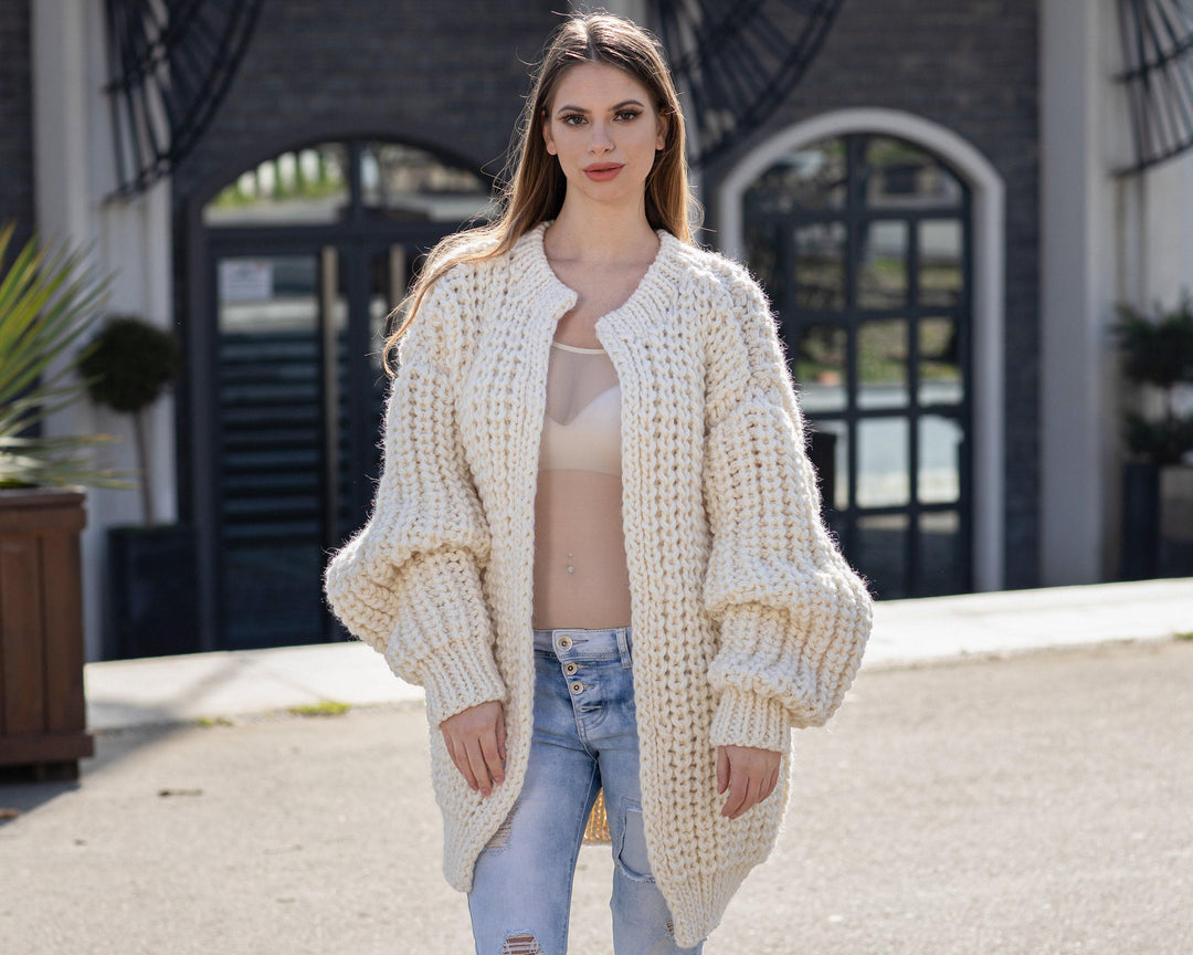 Cream Wool Cardigan – Hand Knitted 100% Wool English Rib Coat T1022M