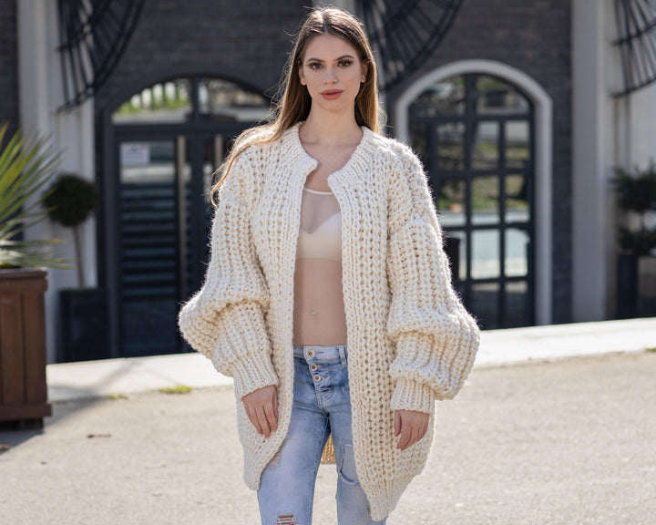 Cream Wool Cardigan – Hand Knitted 100% Wool English Rib Coat T1022M