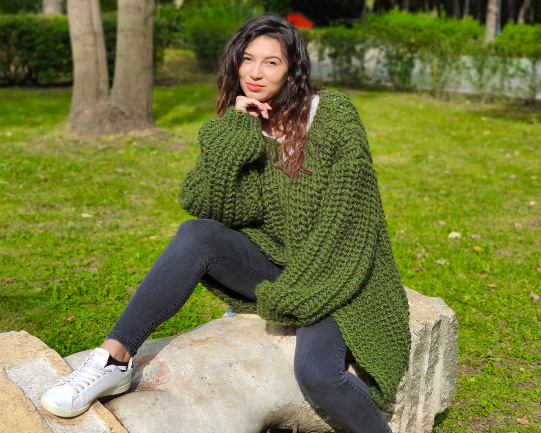 Chunky Wool Cardigan – Hand Knitted 100% Wool English Rib Coat T902