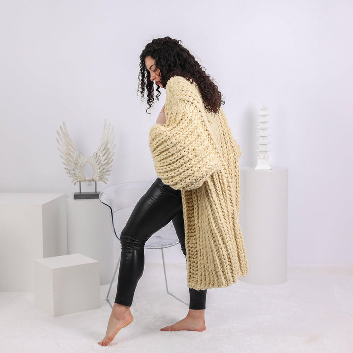 Cream Wool Cardigan – Hand Knitted Maxi Coat with Extra Wide Sleeves T1647