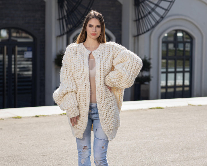 Cream Wool Cardigan – Hand Knitted 100% Wool English Rib Coat T1022M