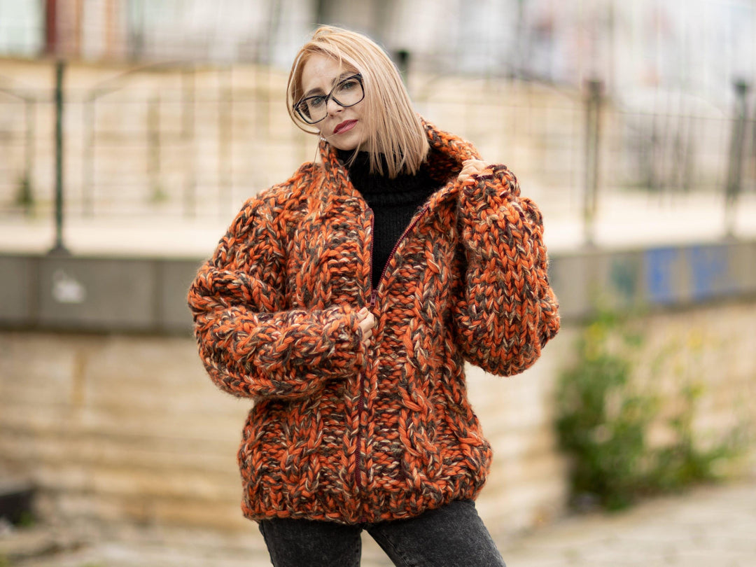 Chunky Orange Wool Blend Cardigan – 20-Strand Hand Knitted Mohair Alpaca Yak Jacket T1077