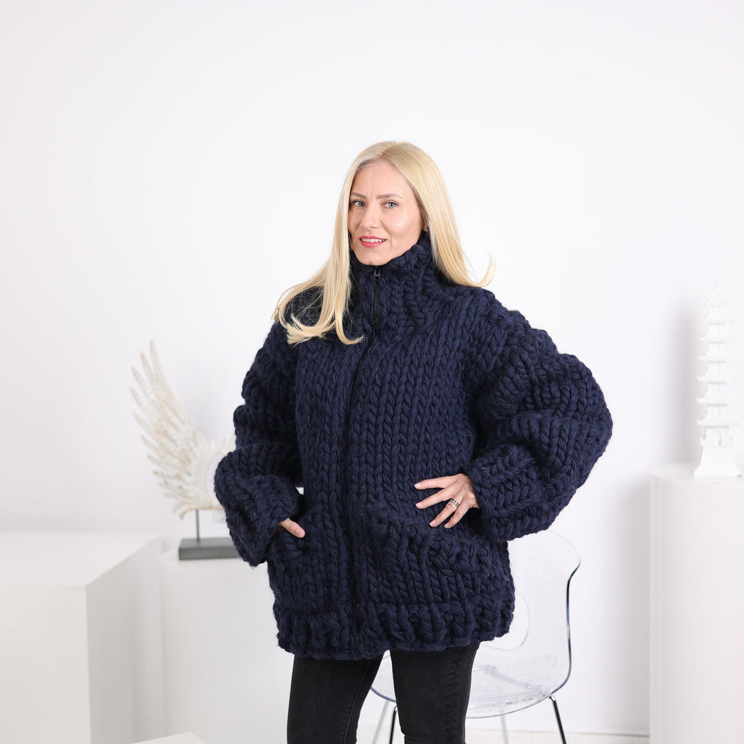 Extra Chunky Wool Cardigan – 12-Strand Hand Knitted Thick Sweater T1629