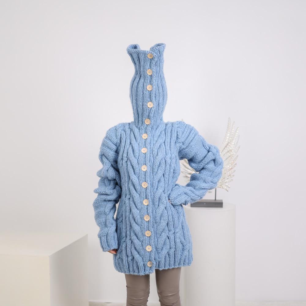 Chunky Cable Knit Cardigan – Hand Knitted Wool Alpaca Blend with 50 cm Turtleneck T1920