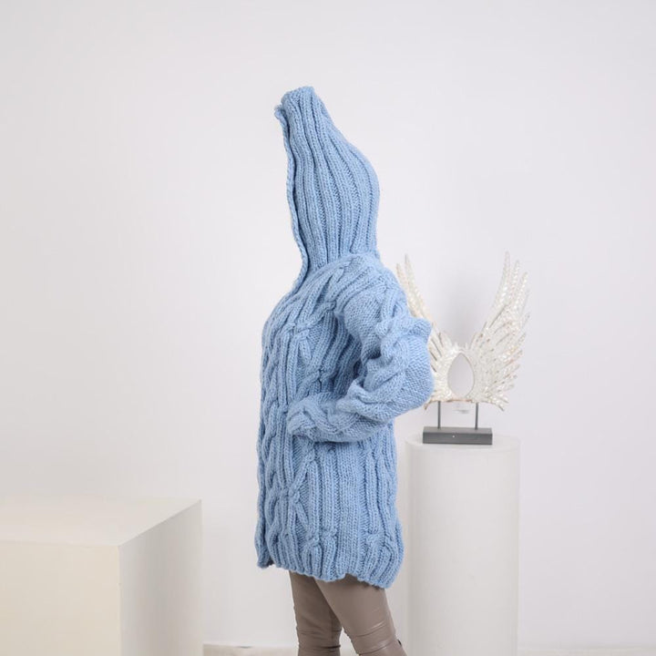 Chunky Cable Knit Cardigan – Hand Knitted Wool Alpaca Blend with 50 cm Turtleneck T1920