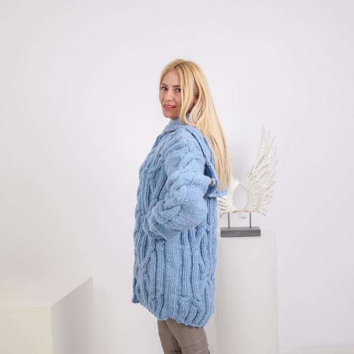 Chunky Cable Knit Cardigan – Hand Knitted Wool Alpaca Blend with 50 cm Turtleneck T1920
