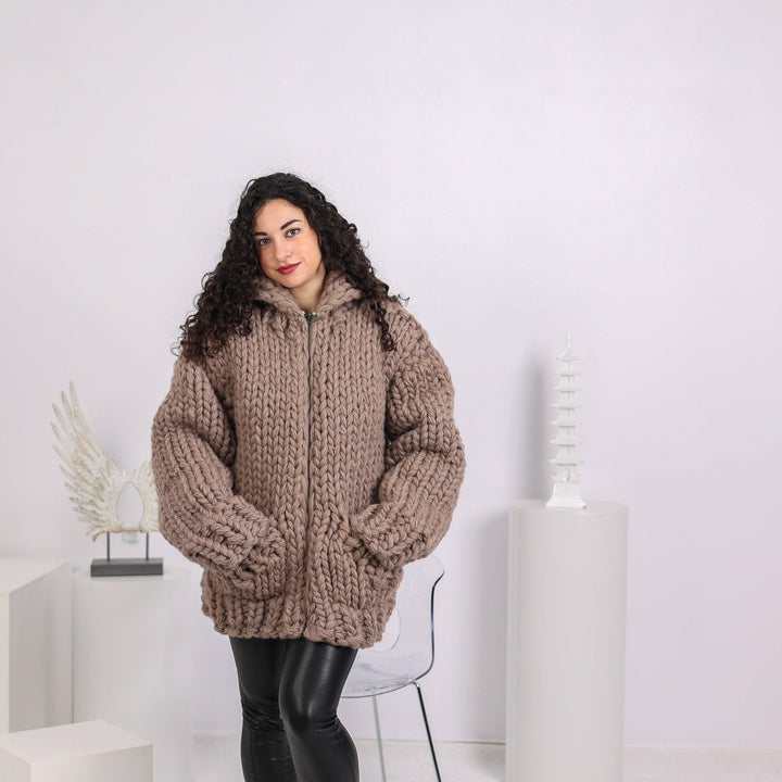 Extra Chunky Wool Cardigan – 12-Strand Hand Knitted Thick Knit Coat T1646