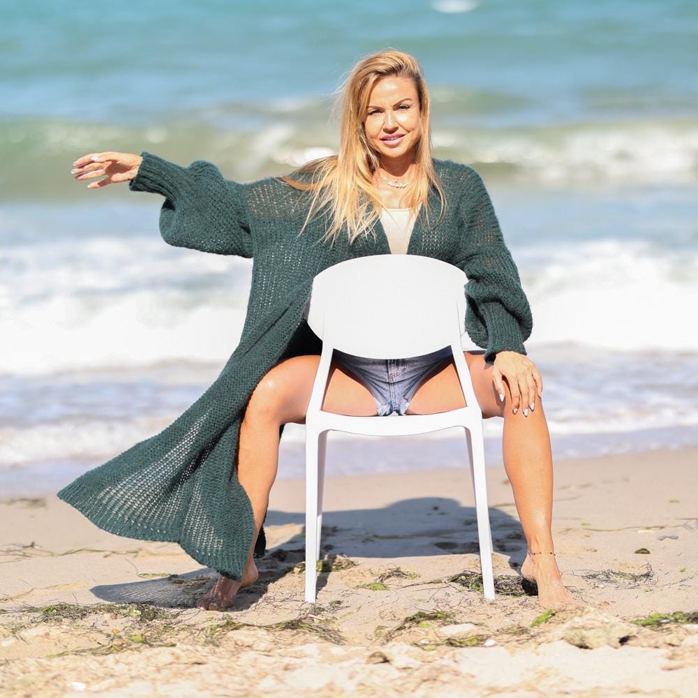 Dark Green Alpaca Wool Cardigan – Hand Knitted Transparent Maxi Duster T1936