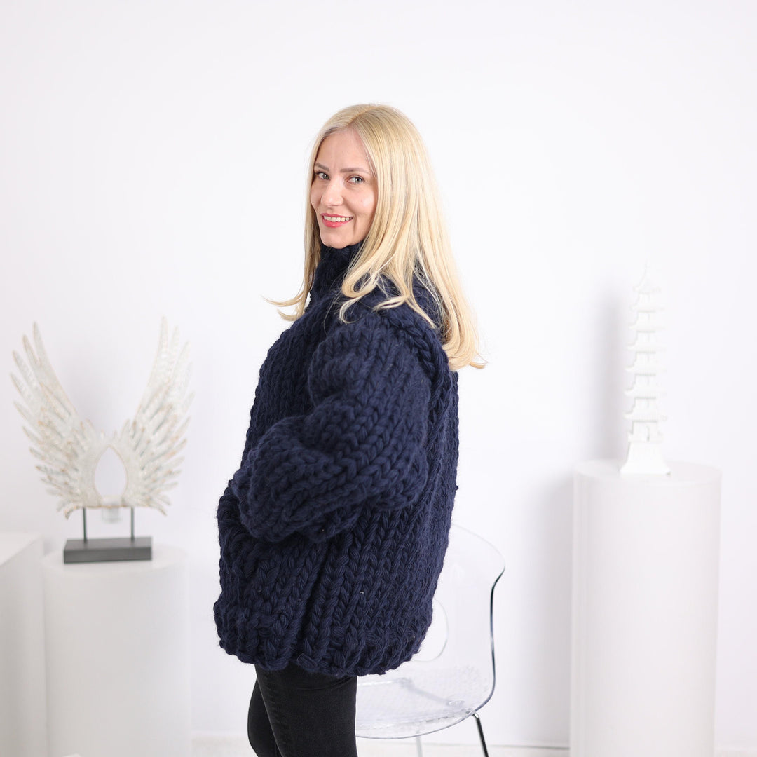 Extra Chunky Wool Cardigan – 12-Strand Hand Knitted Thick Sweater T1629
