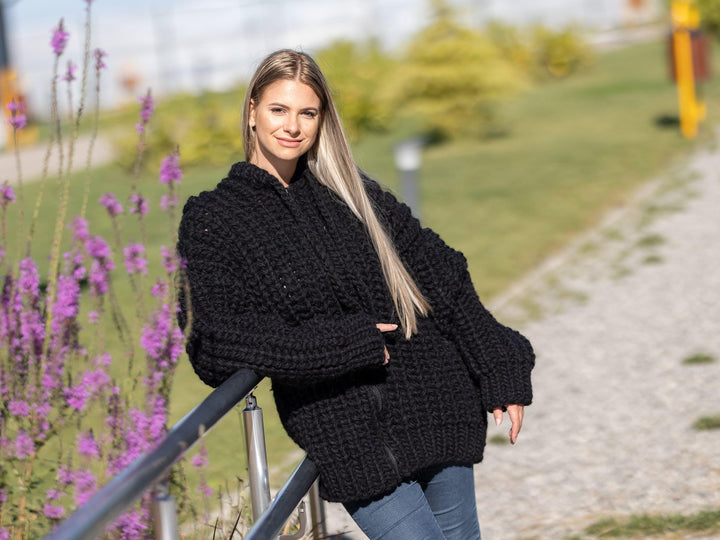 Chunky Black Mohair Cardigan – Hand Knitted Italian Mohair Lambswool Coat T1268