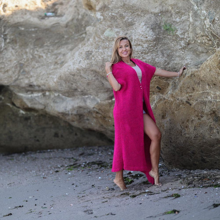 Pink Alpaca Wool Vest – Hand Knitted Short Sleeve Long Open Cardigan T1931