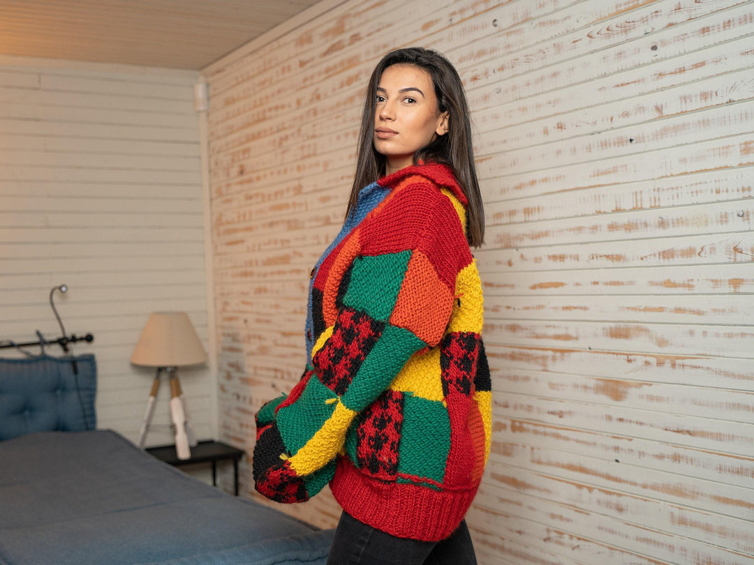 Wool Cardigan – Hand Knitted 100% Wool Jacket in Harry Style Design T1144