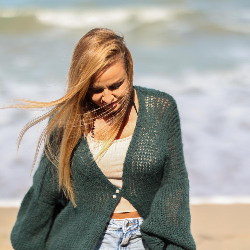Dark Green Alpaca Wool Cardigan – Hand Knitted Transparent Maxi Duster T1936