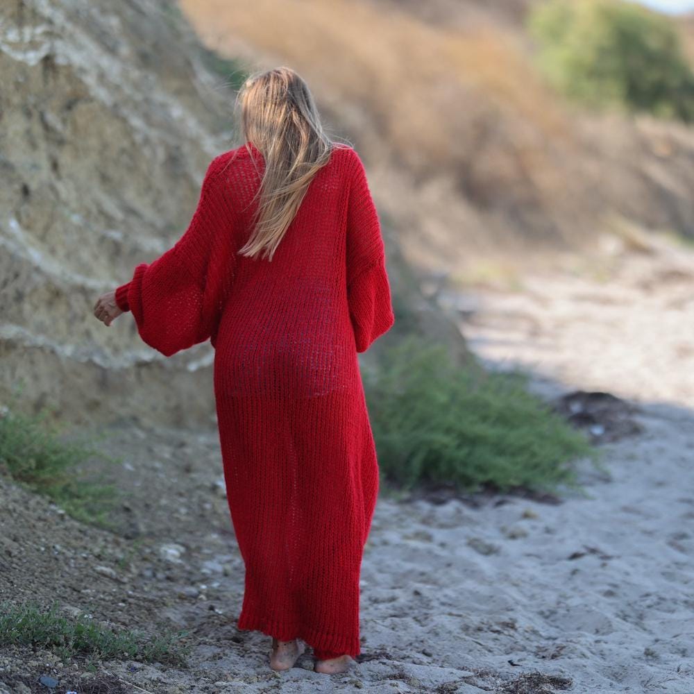 Red Alpaca Wool Cardigan – Hand Knitted Sheer Maxi Duster with Shawl Neck T1934