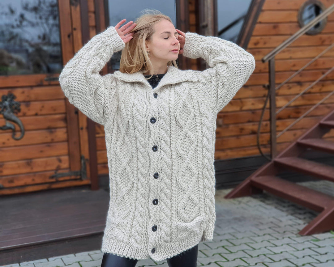 Cream Alpaca Cardigan – Hand Knitted 100% Alpaca Chunky Soft Coat T959