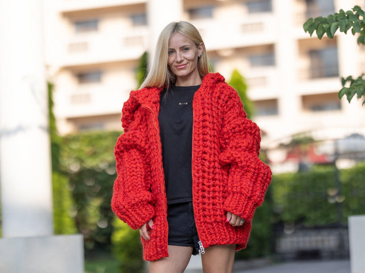 Extra Chunky Red Mohair Cardigan – 25-Strand Hand Knitted Wool Blend Coat T1241