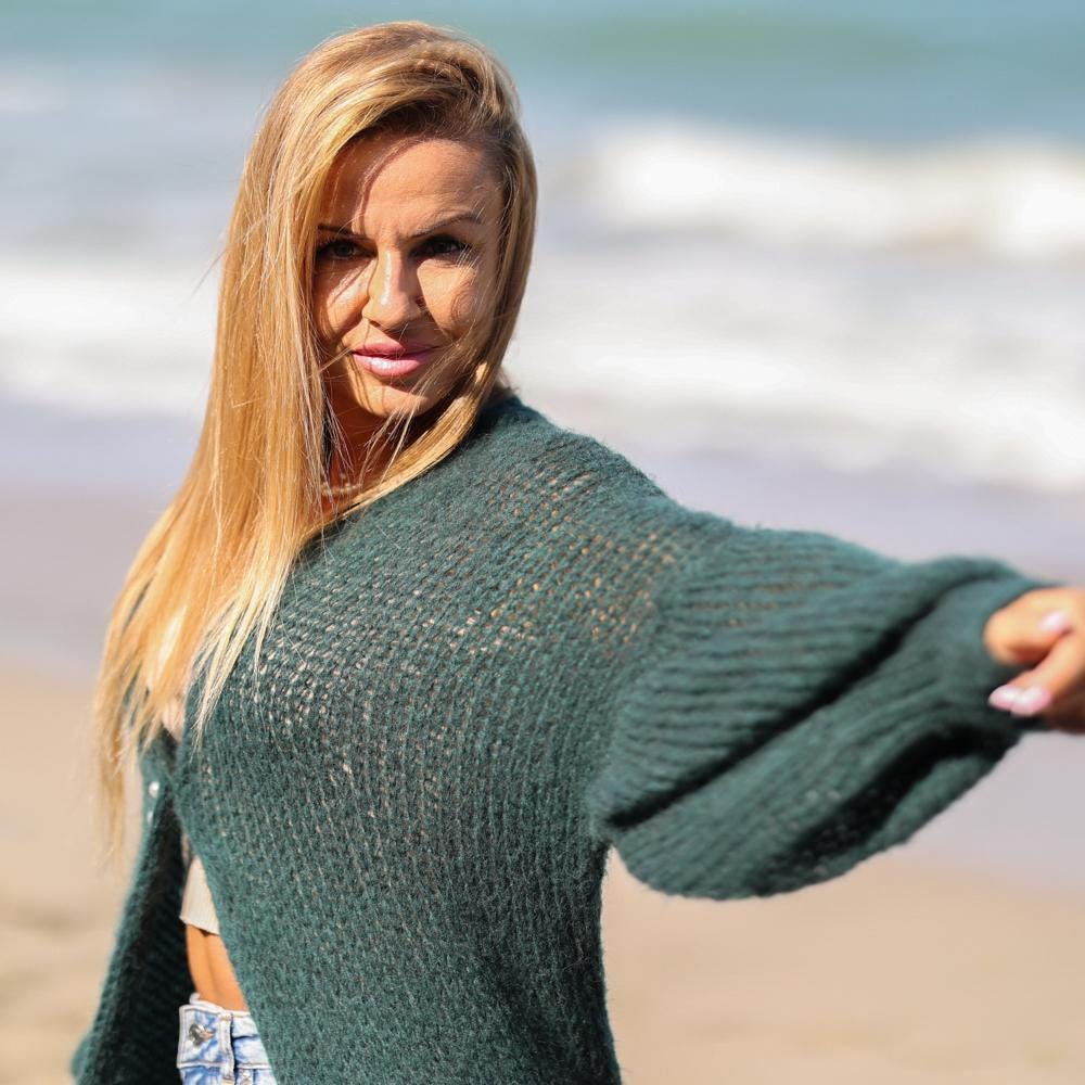 Dark Green Alpaca Wool Cardigan – Hand Knitted Transparent Maxi Duster T1936