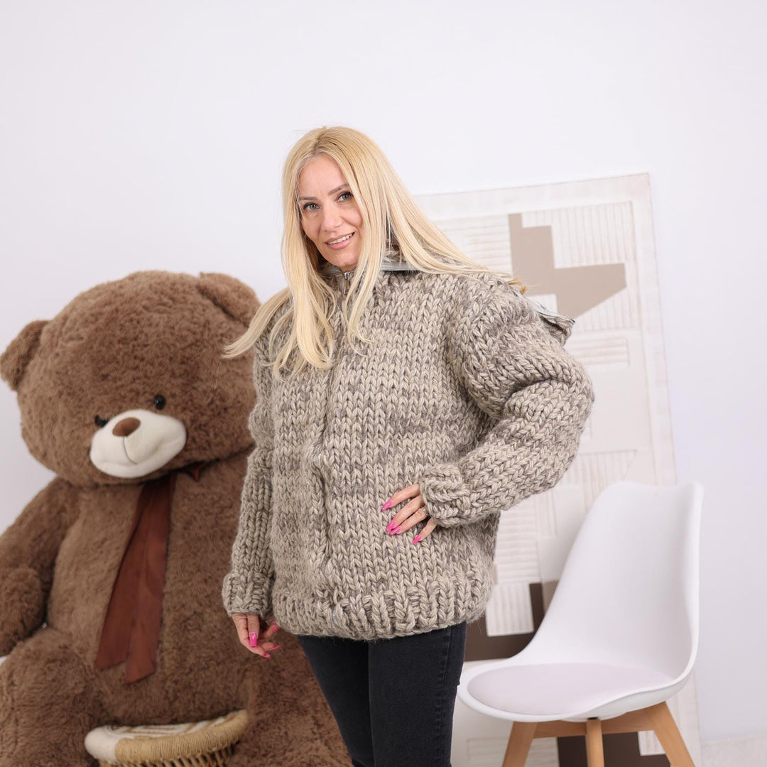 Chunky Wool Cardigan – 20-Strand Hand Knitted with 50 cm Turtleneck T1842