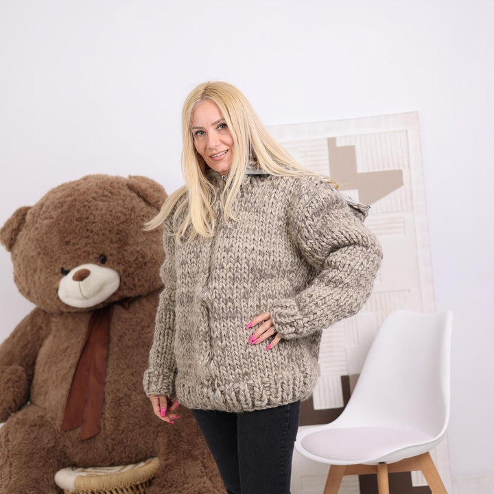 Chunky Wool Cardigan – 20-Strand Hand Knitted with 50 cm Turtleneck T1842