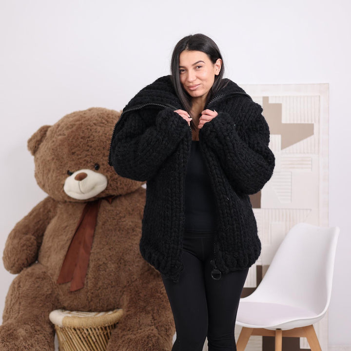 Super Chunky Yak Wool Cardigan – 38-Strand Hand Knitted with Extra Long Turtleneck T1843