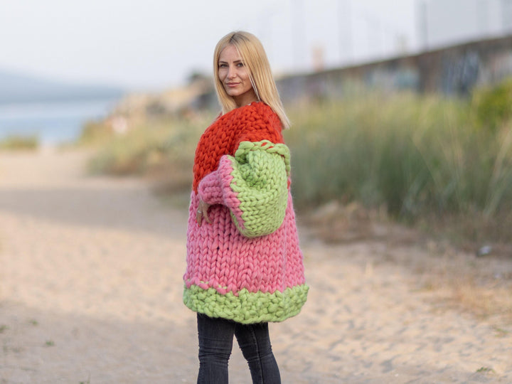 Chunky Merino Wool Cardigan – Hand Knitted Super Thick Marshmallow Coat T1087
