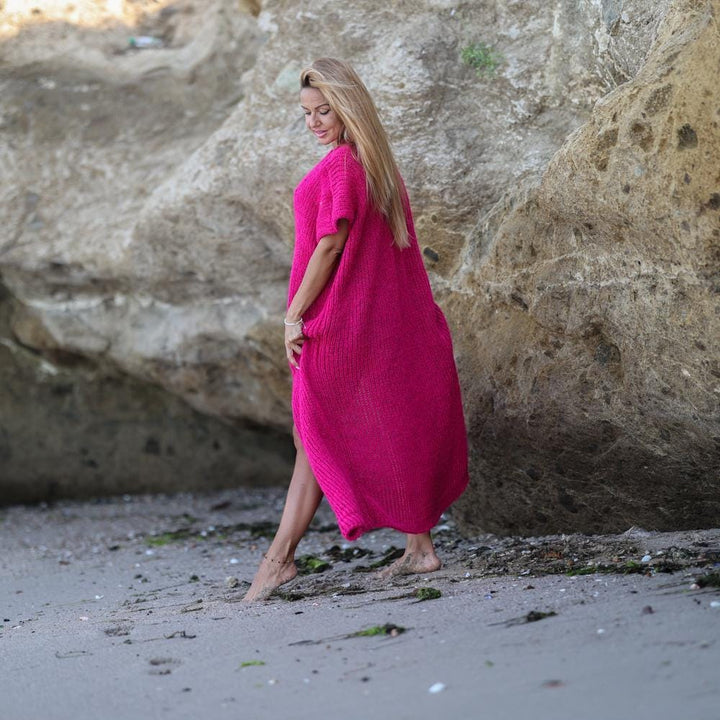 Pink Alpaca Wool Vest – Hand Knitted Short Sleeve Long Open Cardigan T1931