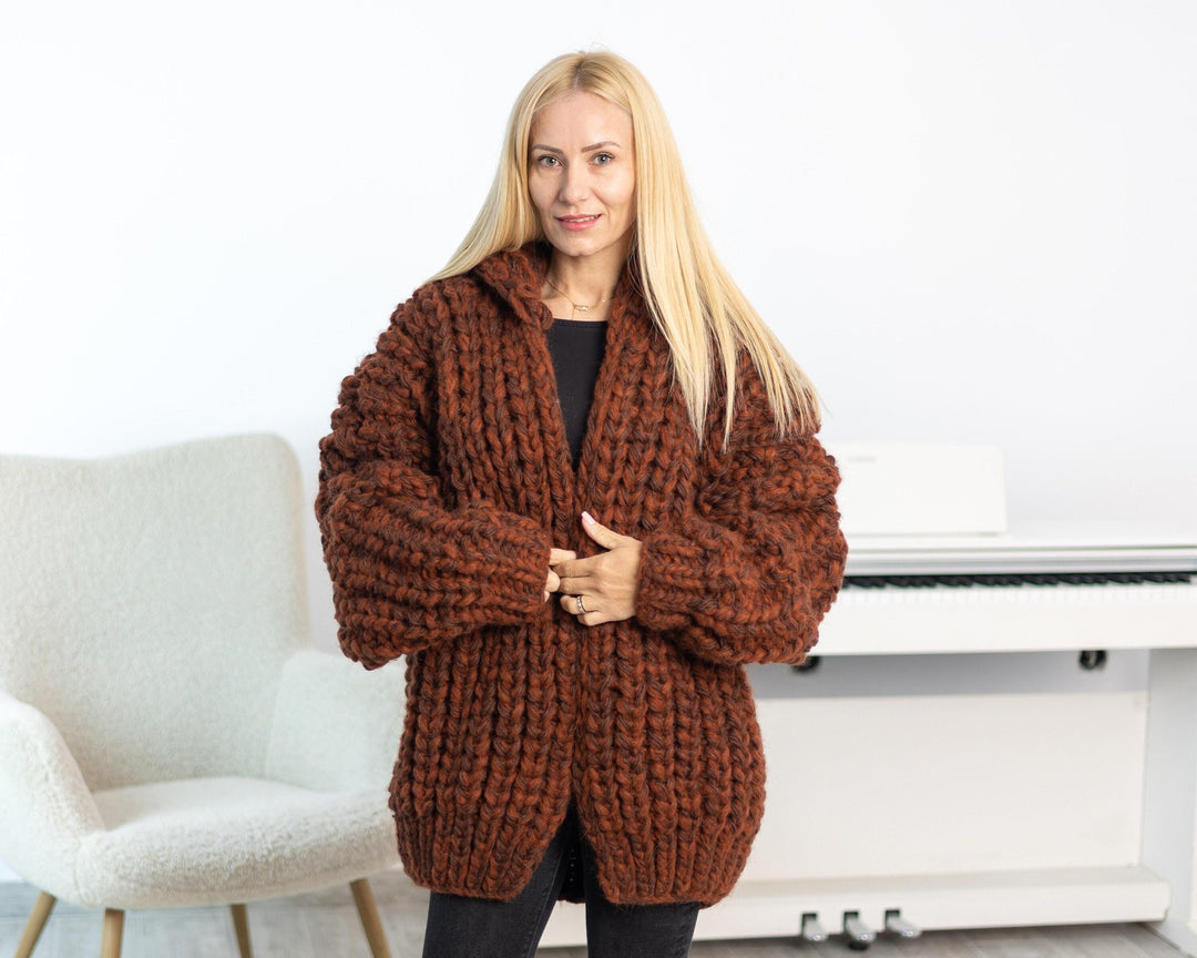 Extra Chunky Cardigan – 18-Strand Hand Knitted Alpaca Merino Wool Blend T1539