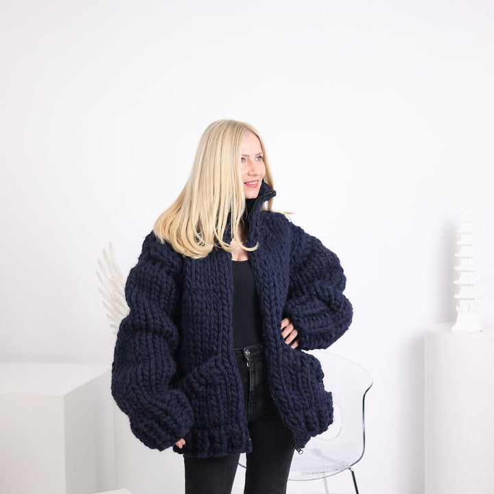 Extra Chunky Wool Cardigan – 12-Strand Hand Knitted Thick Sweater T1629