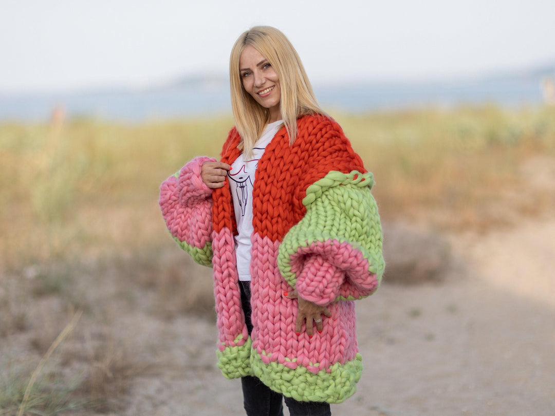 Chunky Merino Wool Cardigan – Hand Knitted Super Thick Marshmallow Coat T1087