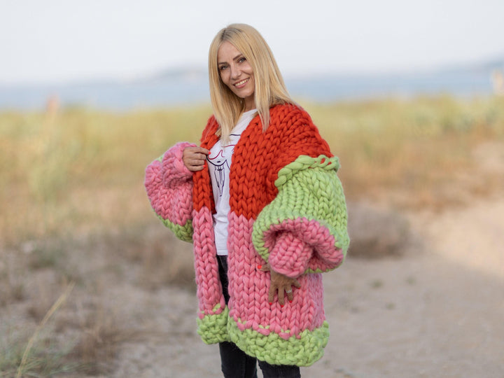 Chunky Merino Wool Cardigan – Hand Knitted Super Thick Marshmallow Coat T1087