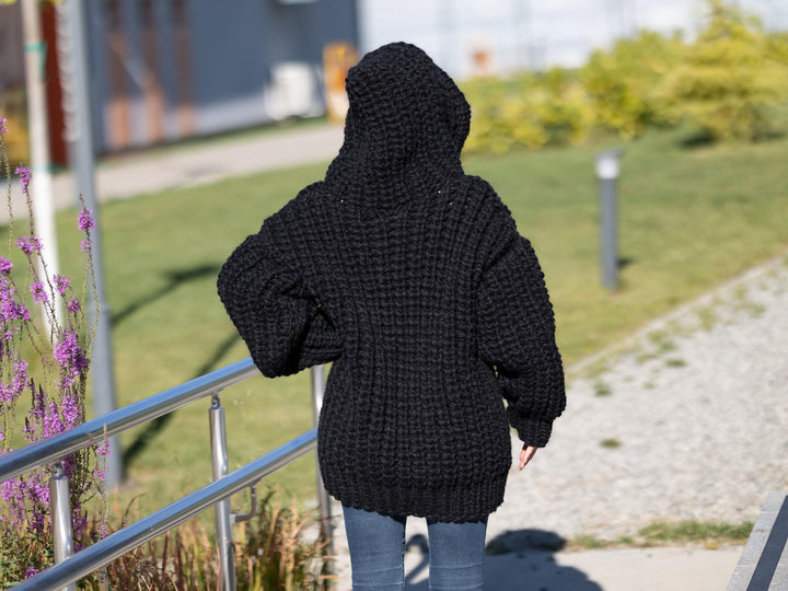 Chunky Black Mohair Cardigan – Hand Knitted Italian Mohair Lambswool Coat T1268