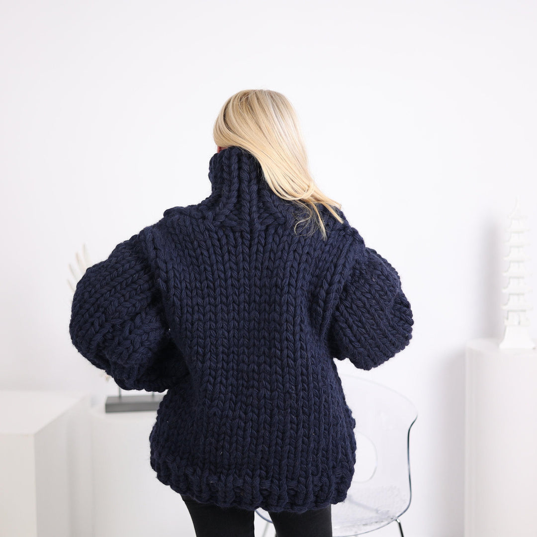 Extra Chunky Wool Cardigan – 12-Strand Hand Knitted Thick Sweater T1629
