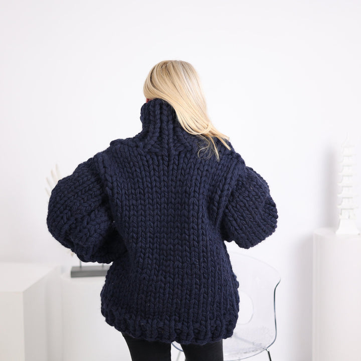 Extra Chunky Wool Cardigan – 12-Strand Hand Knitted Thick Sweater T1629
