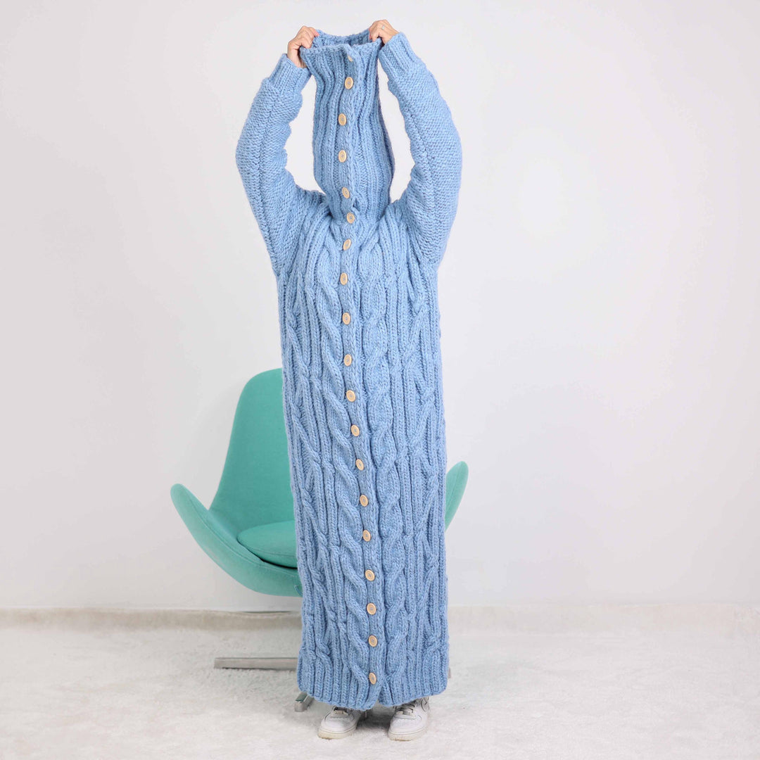 Chunky Cable Knit Cardigan – Long Wool Alpaca Coat with 50 cm High Neck T1876