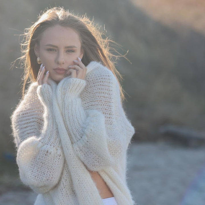Cream Alpaca Wool Cardigan – Hand Knitted Fluffy Oversized Balloon Sleeve Coat T1957