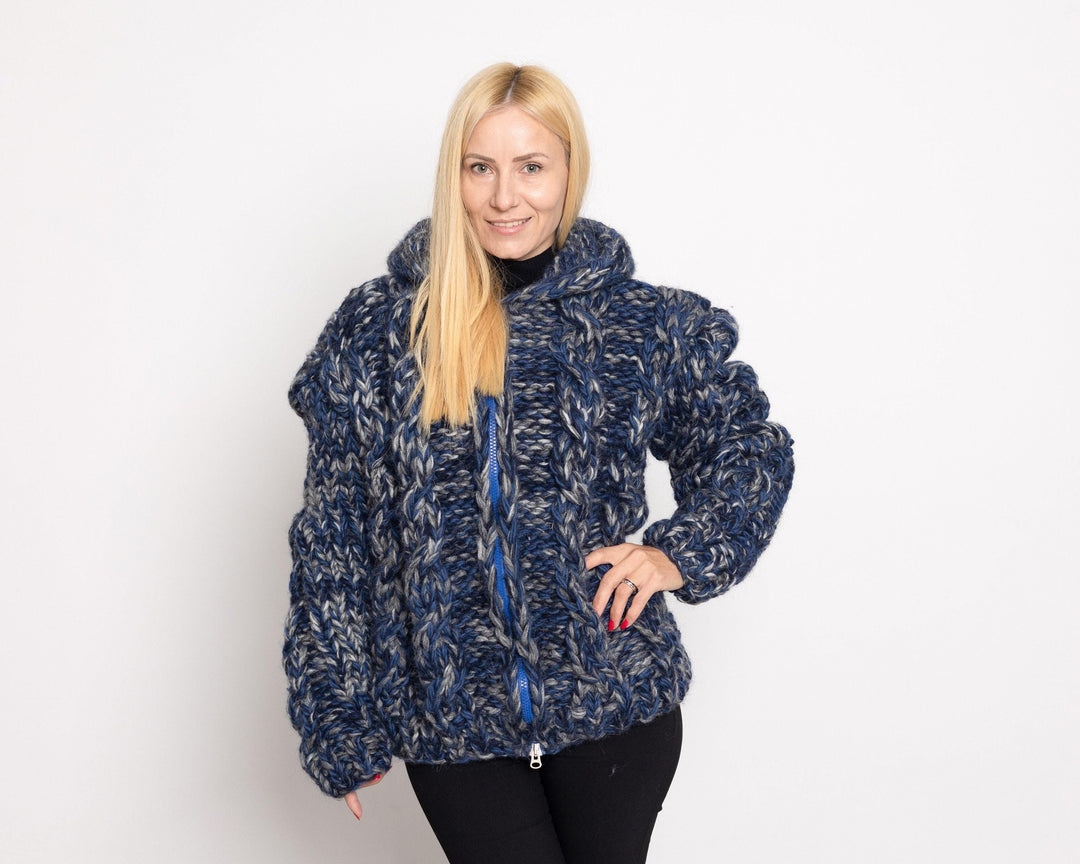 Chunky Wool Blend Cardigan – Hand Knitted Mohair Alpaca Yak Mix Jacket T1525