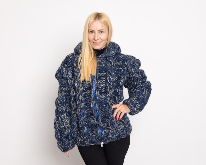Chunky Wool Blend Cardigan – Hand Knitted Mohair Alpaca Yak Mix Jacket T1525
