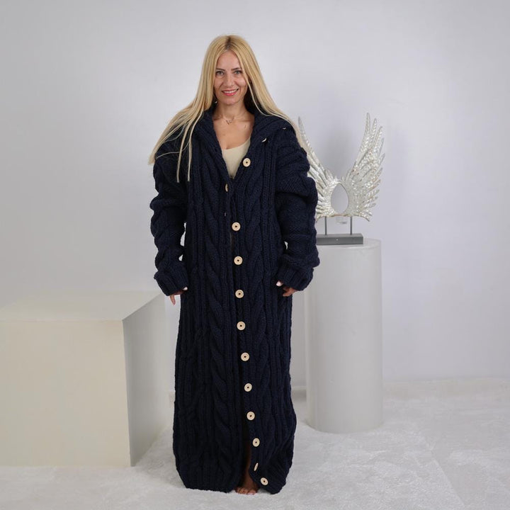 Extra Long Cable Cardigan – Hand Knitted Yak Wool Coat with 50 cm Turtleneck T1919