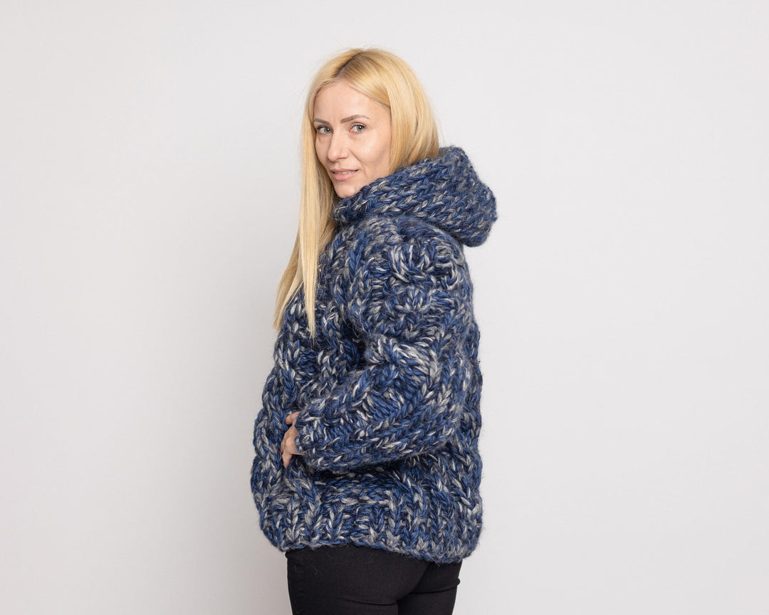 Chunky Wool Blend Cardigan – Hand Knitted Mohair Alpaca Yak Mix Jacket T1525