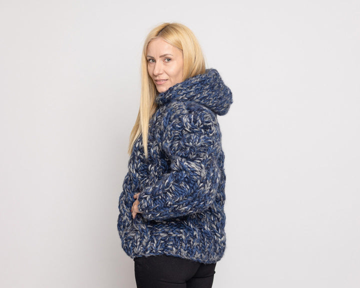 Chunky Wool Blend Cardigan – Hand Knitted Mohair Alpaca Yak Mix Jacket T1525