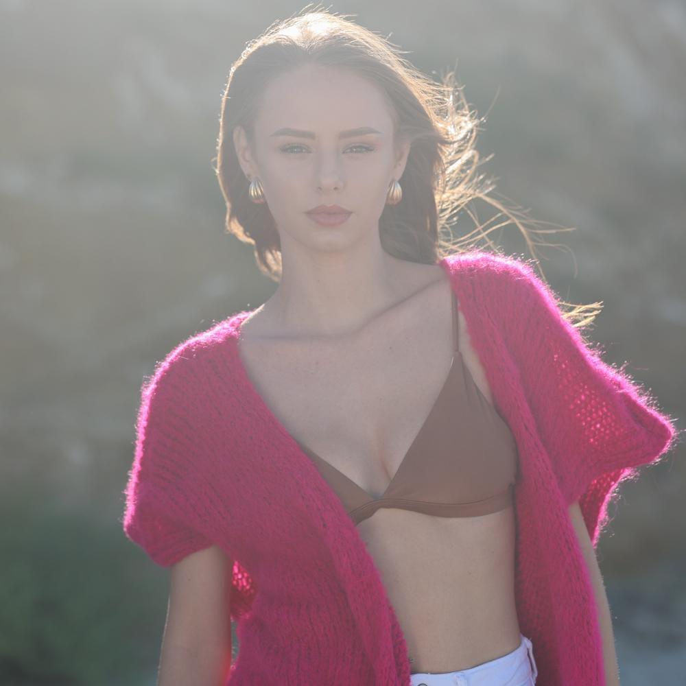 Hot Pink Alpaca Wool Cardigan – Hand Knitted Fluffy Long Sleeveless Vest T1953