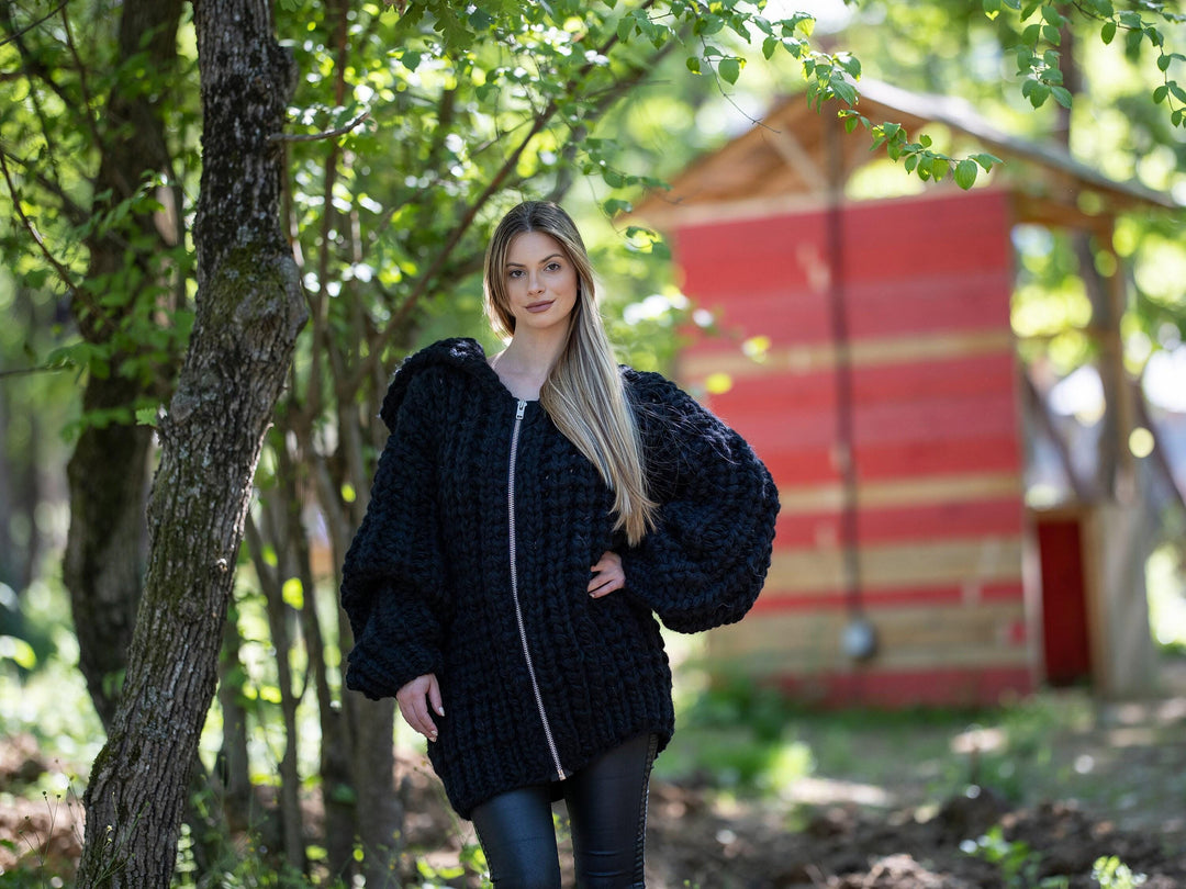 Chunky Wool Blend Cardigan – Hand Knitted Alpaca Merino Lambswool Jacket T1208
