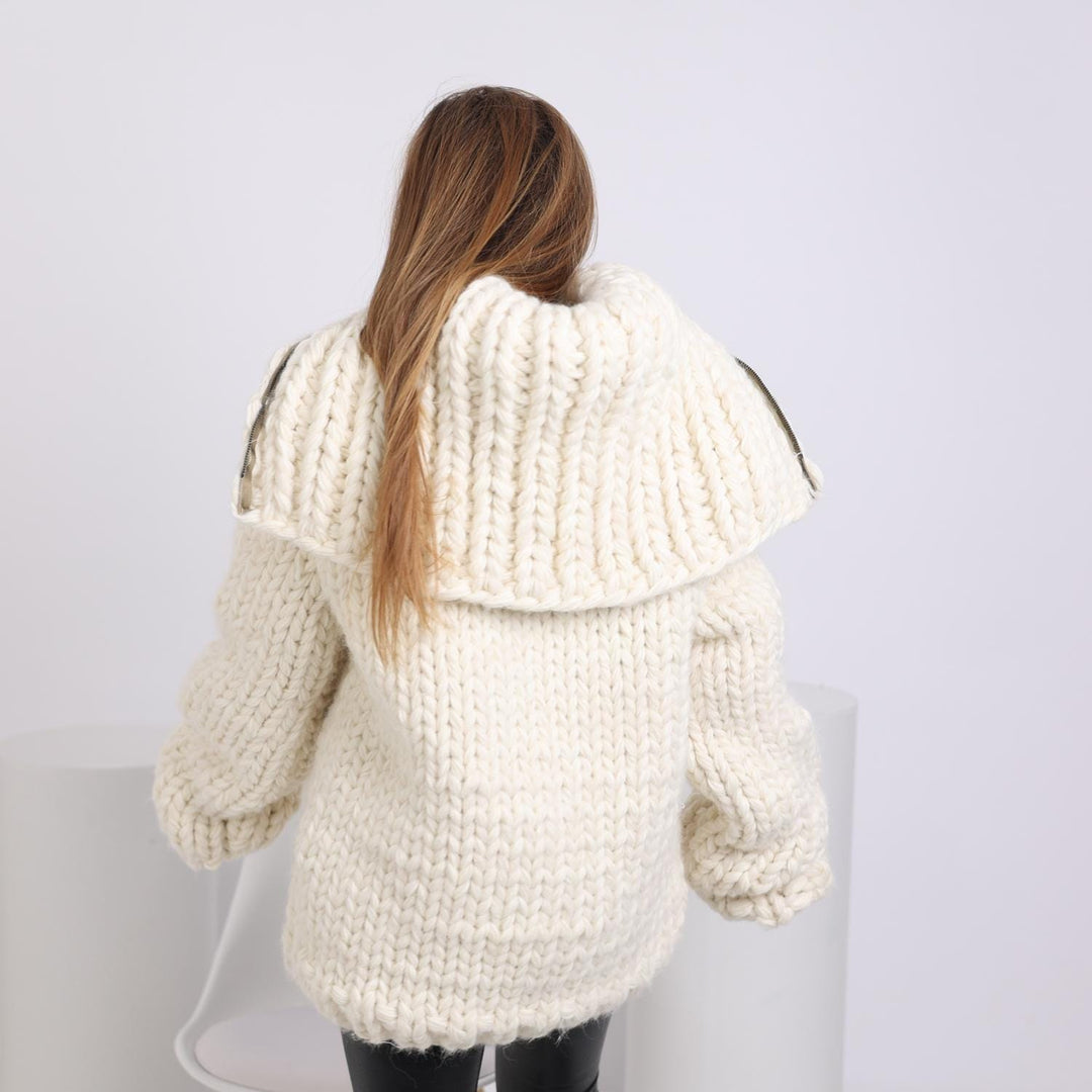 Chunky Wool Cardigan – Hand Knitted with Extra Long Turtleneck T1782