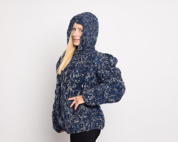 Chunky Wool Blend Cardigan – Hand Knitted Mohair Alpaca Yak Mix Jacket T1525
