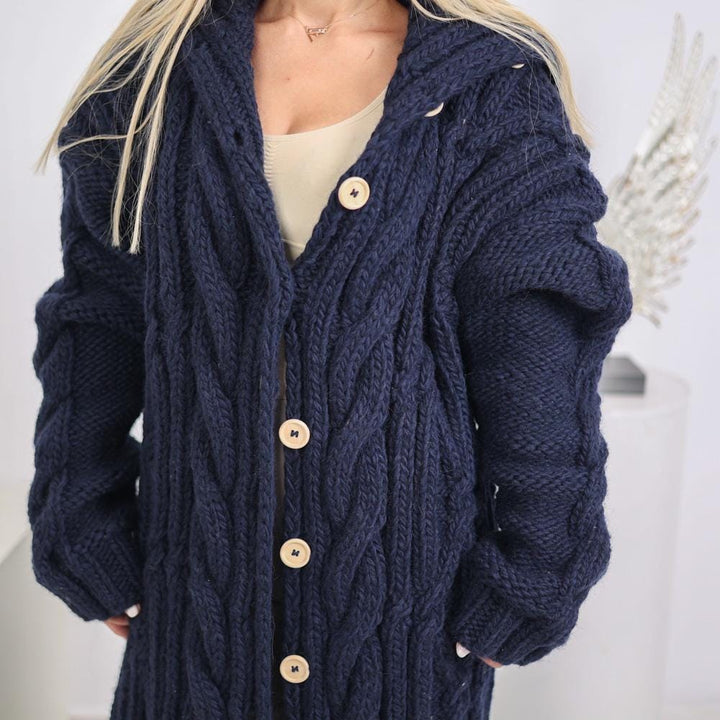 Extra Long Cable Cardigan – Hand Knitted Yak Wool Coat with 50 cm Turtleneck T1919