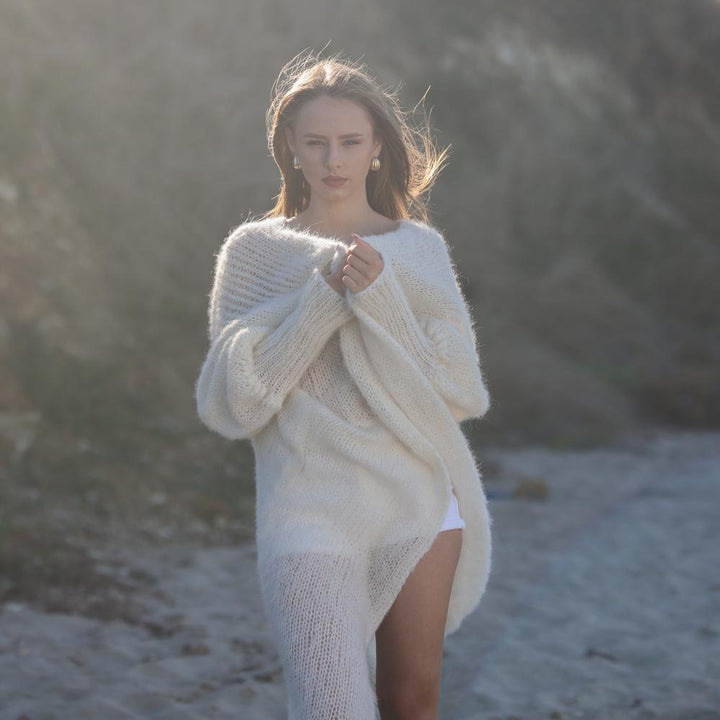 Cream Alpaca Wool Cardigan – Hand Knitted Fluffy Oversized Balloon Sleeve Coat T1957