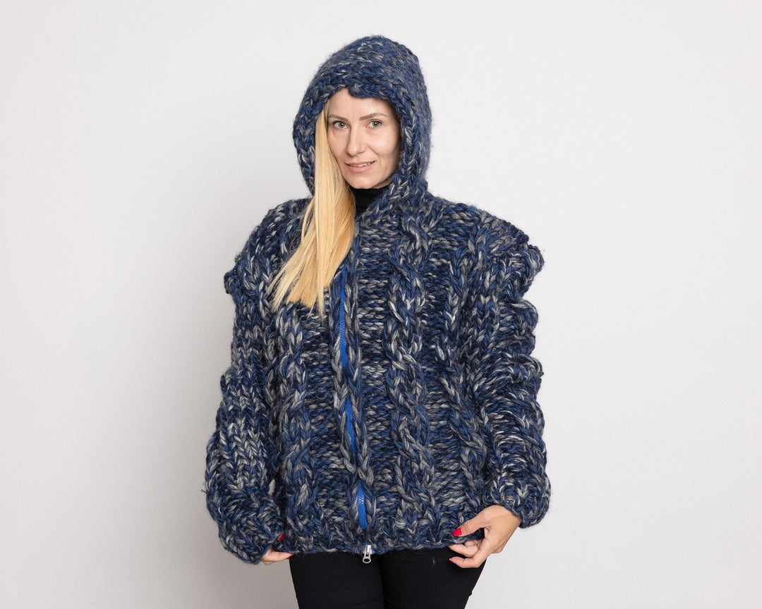 Chunky Wool Blend Cardigan – Hand Knitted Mohair Alpaca Yak Mix Jacket T1525